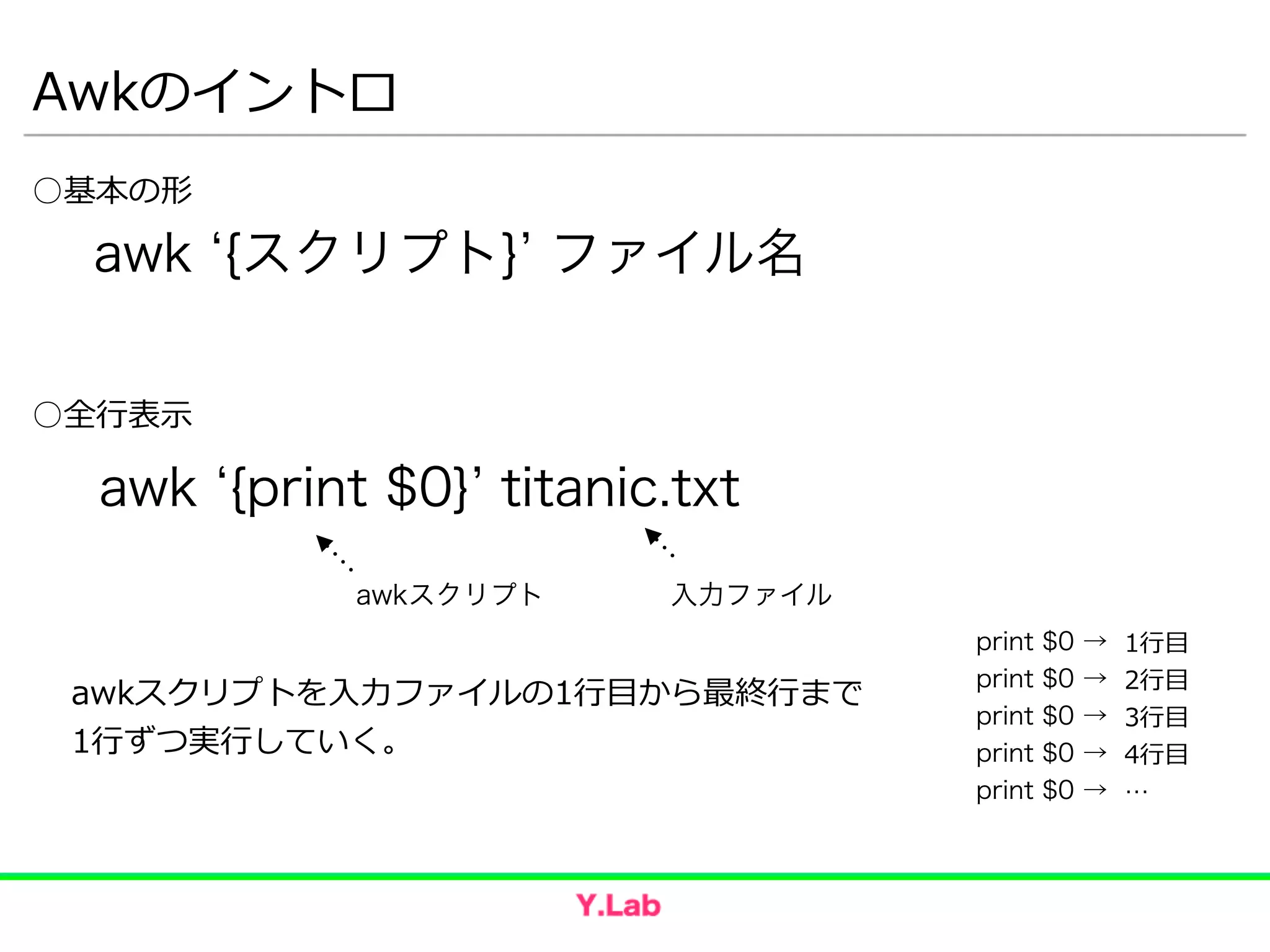 ○全⾏行行表⽰示
awk {print $0} titanic.txt
awkスクリプト 入力ファイル
awk {スクリプト} ファイル名
Awkのイントロ
○基本の形
1⾏行行⽬目  
2⾏行行⽬目  
3⾏行行⽬目  
4⾏行行⽬目  
…
awkスクリプトを⼊入⼒力力ファイルの1⾏行行⽬目から最終⾏行行まで  
1⾏行行ずつ実⾏行行していく。
print $0 →
print $0 →
print $0 →
print $0 →
print $0 →
 