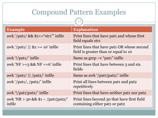 Compound Pattern Examples
                                      17

Example                             Explanation
awk „/pat1/ && $1==“str1”‟ infile   Print lines that have pat1 and whose first
                                    field equals str1
awk „/pat1/ || $2 >= 10‟ infile     Print lines that have pat1 OR whose second
                                    field is greater than or equal to 10
awk „!/pat1/‟ infile                Same as grep –v “pat1” infile
awk „NF >=3 && NF <=6‟ infile       Print lines that have between 3 and six
                                    fields
awk „/pat1/ || /pat2/‟ infile       Same as awk „/pat1|pat2/‟ infile
awk „/pat1/, /pat2/‟ infile         Print all lines between pat1 and pat2
                                    repetitively
awk „!/pat1|pat2/‟ infile           Print lines that have neither pat1 nor pat2
awk „NR > 30 && $1 ~ /pat1|pat2/‟   Print lines beyond 30 that have first field
infile                              containing either pat1 or pat2
 