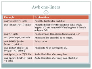 Awk one-liners
                                              33

Example                            Explanation
awk‟{print $NF}‟ infile            Print the last field in each line
awk‟{print $(NF-1)}‟ infile        Print the field before the last field. What would
                                   happen if () are removed? What happens if there is
                                   only one field
awk‟NF‟ infile                     Print only non-blank lines. Same as awk „/./‟
awk „{print length, $0)‟ infile    Print each line preceded by its length.
awk „BEGIN {while                  Print 1 to 10
(++x<11) print x}‟
awk „BEGIN {for (i=10;             Print 10 to 50 in increments of 4
i<=50; i+=4) print i}‟
awk „{print; print “”}‟ infile     Add a blank line after every line
awk „{print; if (NF>0) print       Add a blank line after every non-blank line
“”}‟ infile
 