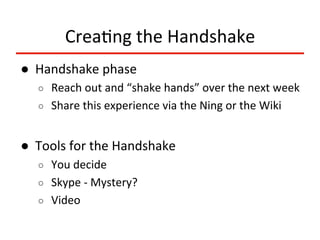 Crea:ng	
  the	
  Handshake	
  
●  Handshake	
  phase	
  
○ 
○ 

Reach	
  out	
  and	
  “shake	
  hands”	
  over	
  the	
  next	
  week	
  
Share	
  this	
  experience	
  via	
  the	
  Ning	
  or	
  the	
  Wiki	
  

●  Tools	
  for	
  the	
  Handshake	
  
○ 
○ 
○ 

You	
  decide	
  
Skype	
  -­‐	
  Mystery?	
  
Video	
  

 