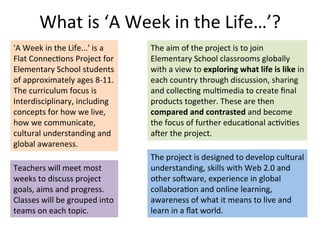 What	
  is	
  ‘A	
  Week	
  in	
  the	
  Life…’?	
  
'A	
  Week	
  in	
  the	
  Life...'	
  is	
  a	
  
Flat	
  Connec:ons	
  Project	
  for	
  
Elementary	
  School	
  students	
  
of	
  approximately	
  ages	
  8-­‐11.	
  
The	
  curriculum	
  focus	
  is	
  
Interdisciplinary,	
  including	
  
concepts	
  for	
  how	
  we	
  live,	
  
how	
  we	
  communicate,	
  
cultural	
  understanding	
  and	
  
global	
  awareness.	
  
Teachers	
  will	
  meet	
  most	
  
weeks	
  to	
  discuss	
  project	
  
goals,	
  aims	
  and	
  progress.	
  
Classes	
  will	
  be	
  grouped	
  into	
  
teams	
  on	
  each	
  topic.	
  

The	
  aim	
  of	
  the	
  project	
  is	
  to	
  join	
  
Elementary	
  School	
  classrooms	
  globally	
  
with	
  a	
  view	
  to	
  exploring	
  what	
  life	
  is	
  like	
  in	
  
each	
  country	
  through	
  discussion,	
  sharing	
  
and	
  collec:ng	
  mul:media	
  to	
  create	
  ﬁnal	
  
products	
  together.	
  These	
  are	
  then	
  
compared	
  and	
  contrasted	
  and	
  become	
  
the	
  focus	
  of	
  further	
  educa:onal	
  ac:vi:es	
  
aber	
  the	
  project.	
  
The	
  project	
  is	
  designed	
  to	
  develop	
  cultural	
  
understanding,	
  skills	
  with	
  Web	
  2.0	
  and	
  
other	
  sobware,	
  experience	
  in	
  global	
  
collabora:on	
  and	
  online	
  learning,	
  
awareness	
  of	
  what	
  it	
  means	
  to	
  live	
  and	
  
learn	
  in	
  a	
  ﬂat	
  world.	
  

 