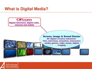 What is Digital Media? Digital television, digital radio,  internet and mobile Screen, Image & Sound Cluster All ‘digital creative industries’  Film, television, animation, interactive media, games, radio, music, digital imaging 