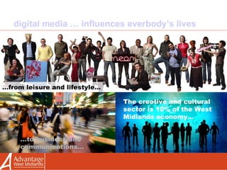 digital media … influences everbody’s lives … from leisure and lifestyle… … to business and  communications… The creative and cultural sector is 10% of the West Midlands economy… 