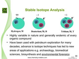 Stable Isotope Analysis
• Highly variable in nature and generally endemic of every
organic compound
• Have been used with petroleum exploration for many
decades, advance is isotope techniques has led to new
areas of applications e.g. archaeology, biomedical
sciences, biosynthesis and environmental forensics
pp
ee--
Hydrogen,1
H
nn
pp
ee--
Deuterium,Deuterium,22
H, DH, D
nn
pp nn
ee--
Tritium,Tritium,33
H, TH, T
99
%
~1
%
<1
%
www.chemistry-matters.com
30© 2015
Chemistry Matters Inc.
 