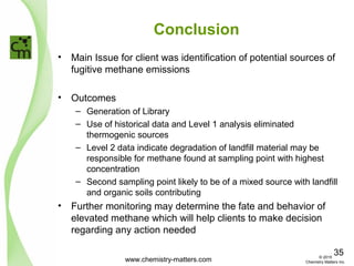 Conclusion
• Main Issue for client was identification of potential sources of
fugitive methane emissions
• Outcomes
– Generation of Library
– Use of historical data and Level 1 analysis eliminated
thermogenic sources
– Level 2 data indicate degradation of landfill material may be
responsible for methane found at sampling point with highest
concentration
– Second sampling point likely to be of a mixed source with landfill
and organic soils contributing
• Further monitoring may determine the fate and behavior of
elevated methane which will help clients to make decision
regarding any action needed
www.chemistry-matters.com
35© 2015
Chemistry Matters Inc.
 