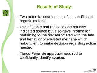 Results of Study:
– Two potential sources identified, landfill and
organic material
– Use of stable and radio isotope not only
indicated source but also gave information
pertaining to the risk associated with the fate
and behavior of elevated methane which
helps client to make decision regarding action
needed
– Tiered Forensic approach required to
confidently identify sources
www.chemistry-matters.com
38© 2015
Chemistry Matters Inc.
 