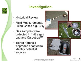 Investigation
• Historical Review
• Field Measurements,
Fixed Gases e.g. CH4
• Gas samples were
collected in 1-litre gas
bag and CarbotrapTM
• Tiered Forensic
Approach adopted to
identify potential
sources
www.chemistry-matters.com
8© 2015
Chemistry Matters Inc.
 