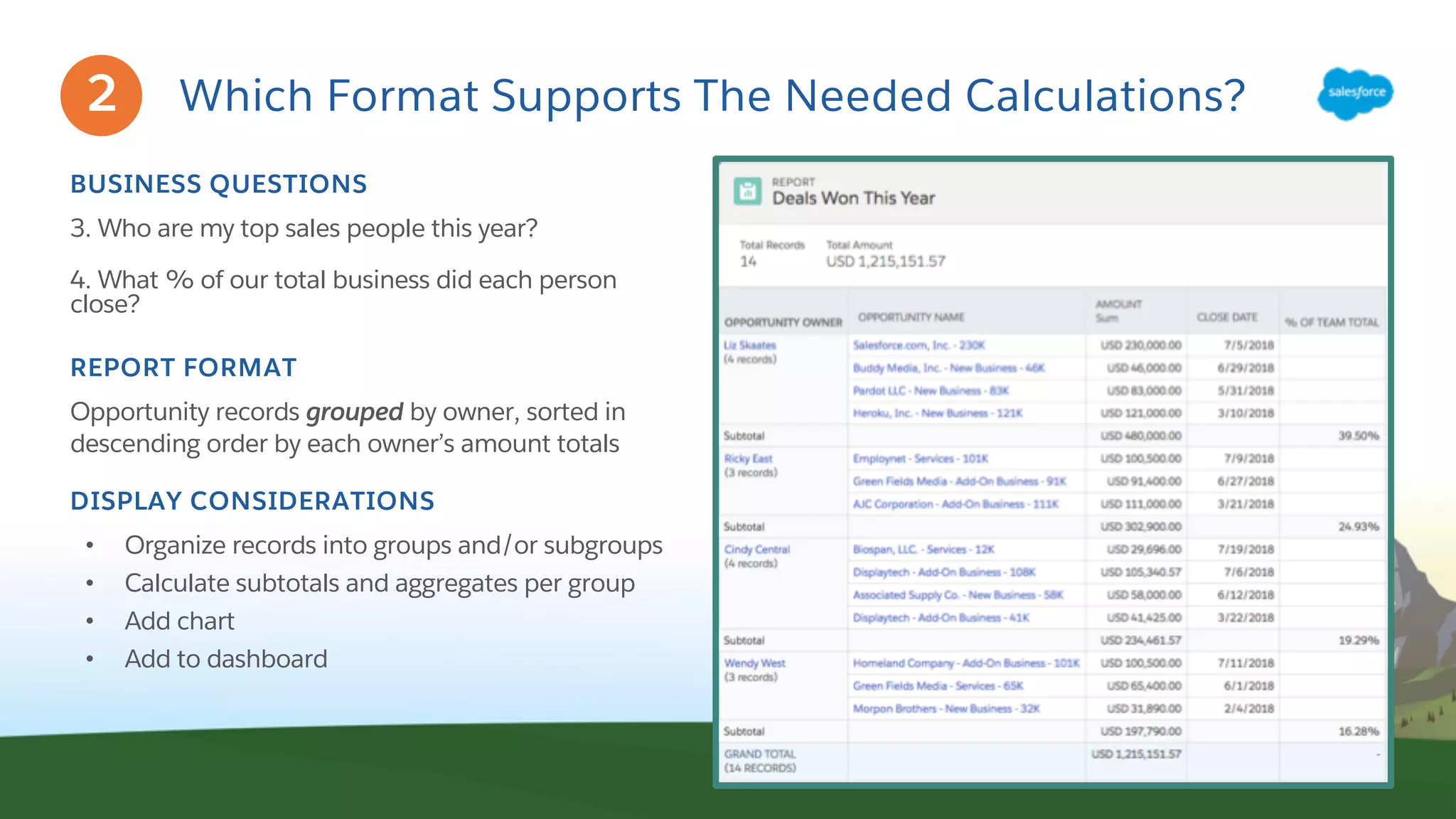 Which Format Supports The Needed Calculations?
BUSINESS QUESTIONS
3. Who are my top sales people this year?
4. What % of our total business did each person
close?
REPORT FORMAT
Opportunity records grouped by owner, sorted in
descending order by each owner’s amount totals
DISPLAY CONSIDERATIONS
• Organize records into groups and/or subgroups
• Calculate subtotals and aggregates per group
• Add chart
• Add to dashboard
2
 