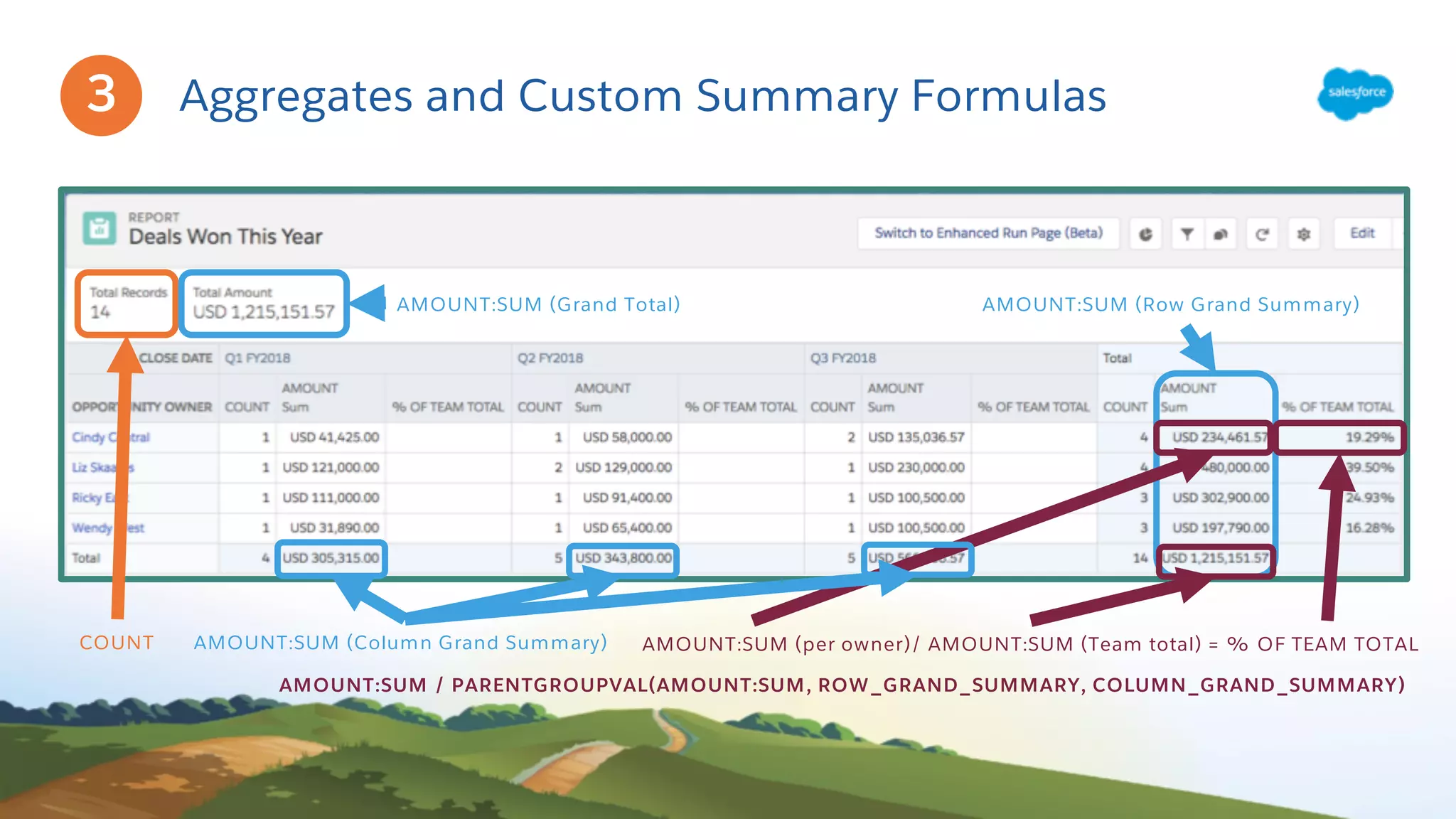 Aggregates and Custom Summary Formulas
COUNT
AMOUNT:SUM (Grand Total)
AMOUNT:SUM (per owner)/ AMOUNT:SUM (Team total) = % OF TEAM TOTAL
AMOUNT:SUM / PARENTGROUPVAL(AMOUNT:SUM, ROW_GRAND_SUMMARY, COLUMN_GRAND_SUMMARY)
3
AMOUNT:SUM (Row Grand Summary)
AMOUNT:SUM (Column Grand Summary)
 