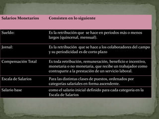 Salarios Monetarios Consisten en lo siguiente
Sueldo: Es la retribución que se hace en periodos más o menos
largos (quincenal, mensual).
Jornal: Es la retribución que se hace a los colaboradores del campo
y su periodicidad es de corto plazo
Compensación Total Es toda retribución, remuneración, beneficio e incentivo,
monetaria o no monetaria, que recibe un trabajador como
contraparte a la prestación de un servicio laboral.
Escala de Salarios Para las distintas clases de puestos, ordenados por
categorías salariales en forma ascendente.
Salario base como el salario inicial definido para cada categoría en la
Escala de Salarios
 