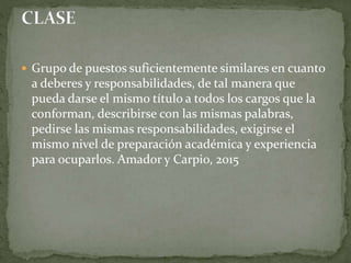  Grupo de puestos suficientemente similares en cuanto
a deberes y responsabilidades, de tal manera que
pueda darse el mismo título a todos los cargos que la
conforman, describirse con las mismas palabras,
pedirse las mismas responsabilidades, exigirse el
mismo nivel de preparación académica y experiencia
para ocuparlos. Amador y Carpio, 2015
 