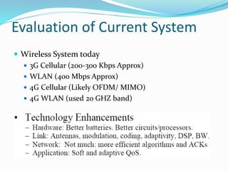 Evaluation of Current System
 Wireless System today
 3G Cellular (200-300 Kbps Approx)
 WLAN (400 Mbps Approx)
 4G Cellular (Likely OFDM/ MIMO)
 4G WLAN (used 2o GHZ band)
 