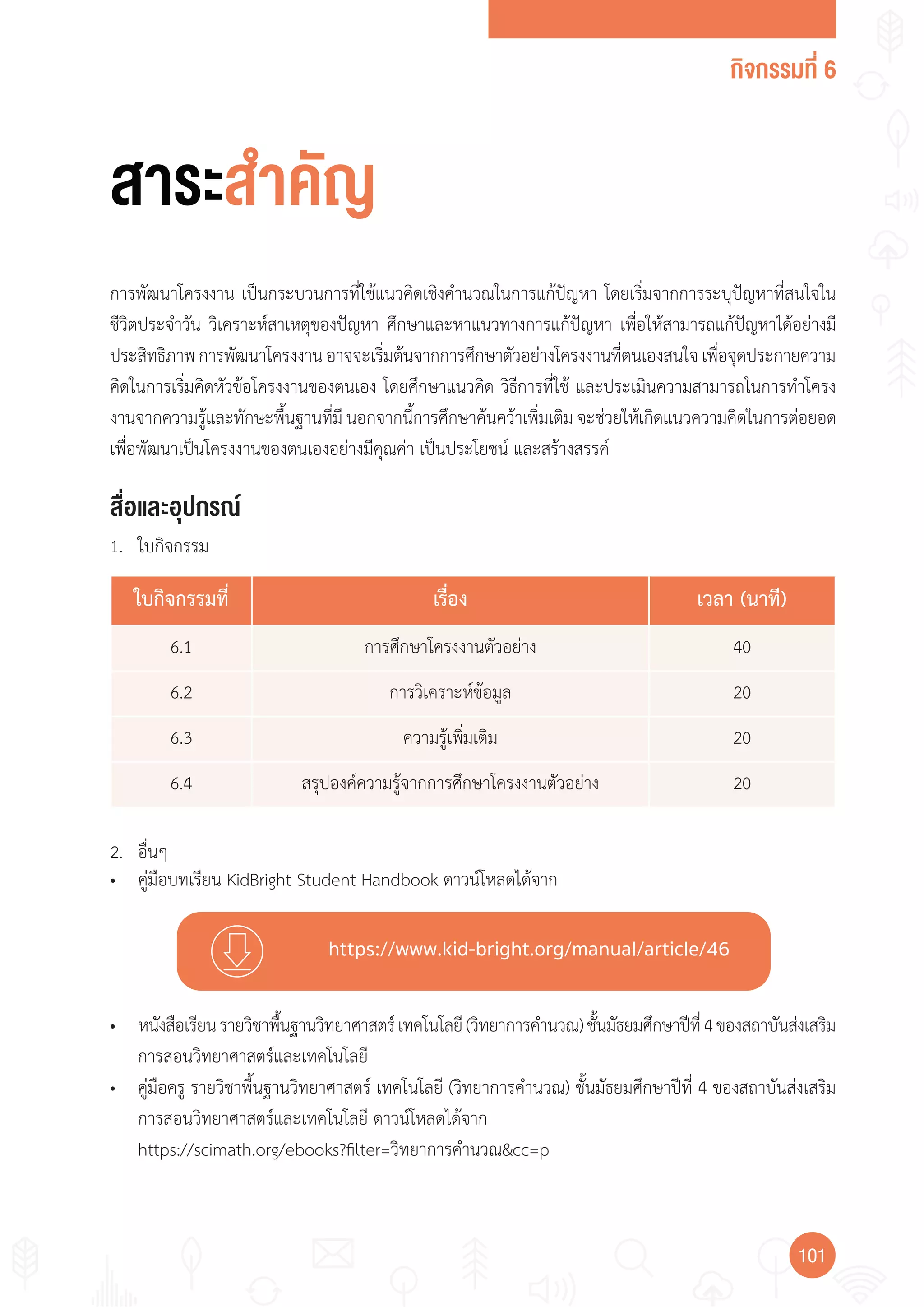 กิจกรรมที่ 6
101101
https://www.kid-bright.org/manual/article/46
สื่อและอุปกรณ์
การพัฒนาโครงงาน เป็นกระบวนการที่ใช้แนวคิดเชิงค�านวณในการแก้ปัญหา โดยเริ่มจากการระบุปัญหาที่สนใจใน
ชีวิตประจ�าวัน วิเคราะห์สาเหตุของปัญหา ศึกษาและหาแนวทางการแก้ปัญหา เพื่อให้สามารถแก้ปัญหาได้อย่างมี
ประสิทธิภาพการพัฒนาโครงงานอาจจะเริ่มต้นจากการศึกษาตัวอย่างโครงงานที่ตนเองสนใจเพื่อจุดประกายความ
คิดในการเริ่มคิดหัวข้อโครงงานของตนเอง โดยศึกษาแนวคิด วิธีการที่ใช้ และประเมินความสามารถในการท�าโครง
งานจากความรู้และทักษะพื้นฐานที่มี นอกจากนี้การศึกษาค้นคว้าเพิ่มเติม จะช่วยให้เกิดแนวความคิดในการต่อยอด
เพื่อพัฒนาเป็นโครงงานของตนเองอย่างมีคุณค่า เป็นประโยชน์ และสร้างสรรค์
1. ใบกิจกรรม
• คู่มือบทเรียน KidBright Student Handbook ดาวน์โหลดได้จาก
สาระสำาคัญ
2. อื่นๆ
• หนังสือเรียนรายวิชาพื้นฐานวิทยาศาสตร์เทคโนโลยี(วิทยาการค�านวณ)ชั้นมัธยมศึกษาปีที่4ของสถาบันส่งเสริม
การสอนวิทยาศาสตร์และเทคโนโลยี
• คู่มือครู รายวิชาพื้นฐานวิทยาศาสตร์ เทคโนโลยี (วิทยาการค�านวณ) ชั้นมัธยมศึกษาปีที่ 4 ของสถาบันส่งเสริม
การสอนวิทยาศาสตร์และเทคโนโลยี ดาวน์โหลดได้จาก
https://scimath.org/ebooks?filter=วิทยาการค�านวณ&cc=p
ใบกิจกรรมที่ เรื่อง เวลา (นาที)
6.1 การศึกษาโครงงานตัวอย่าง 40
6.2 การวิเคราะห์ข้อมูล 20
6.3 ความรู้เพิ่มเติม 20
6.4 สรุปองค์ความรู้จากการศึกษาโครงงานตัวอย่าง 20
 