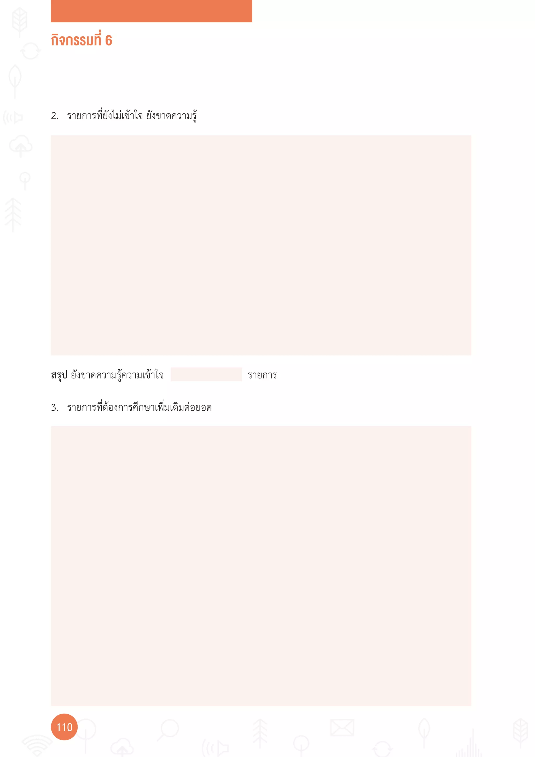 กิจกรรมที่ 6
110
2. รายการที่ยังไม่เข้าใจ ยังขาดความรู้
สรุป ยังขาดความรู้ความเข้าใจ รายการ
3. รายการที่ต้องการศึกษาเพิ่มเติมต่อยอด
 