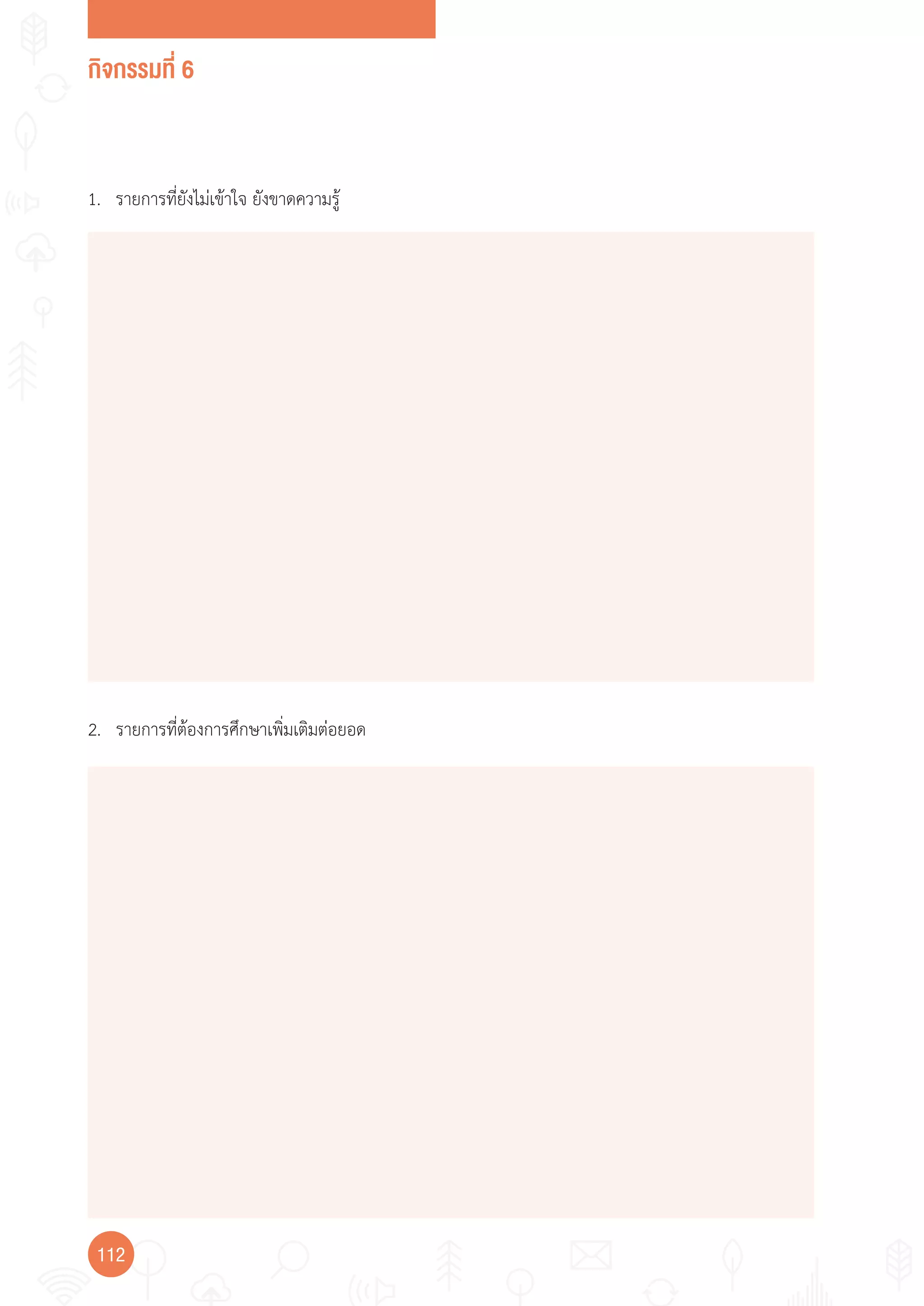 กิจกรรมที่ 6
112
1. รายการที่ยังไม่เข้าใจ ยังขาดความรู้
2. รายการที่ต้องการศึกษาเพิ่มเติมต่อยอด
 