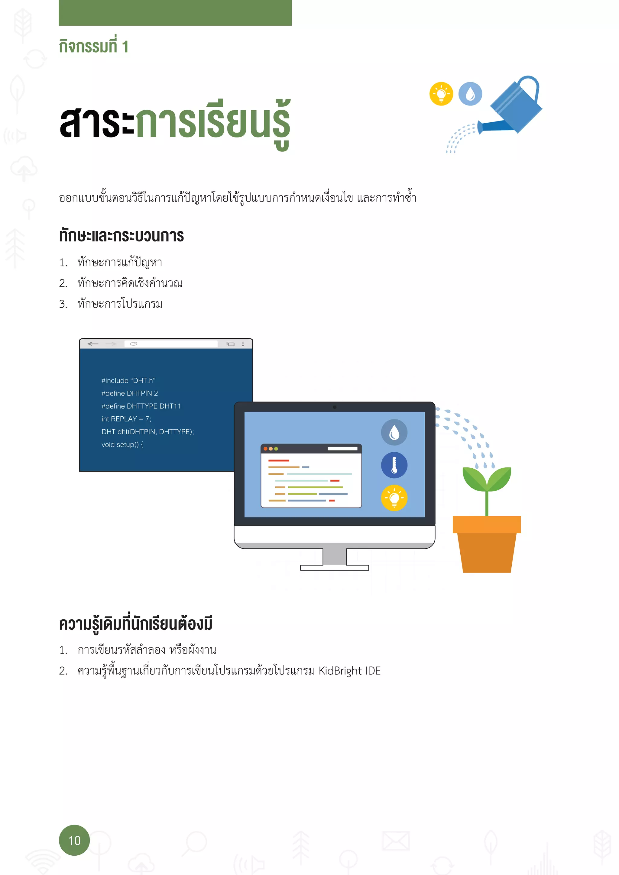 กจกรรมที่
10
#include “DHT.h”
#define DHTPIN 2
#define DHTTYPE DHT11
int REPLAY = 7;
DHT dht(DHTPIN, DHTTYPE);
void setup() {
ออกแบบขั้นตอนวิธีในการแก้ปัญหาโดยใช้รูปแบบการก�าหนดเงื่อนไข และการท�าซ�้า
าร การเร�ยนรู
ทักษ แ กร วนการ
1. ทักษะการแก้ปัญหา
2. ทักษะการคิดเชิงค�านวณ
3. ทักษะการโปรแกรม
วามรูเดมที่นักเร�ยน งมี
1. การเขียนรหัสล�าลอง หรือผังงาน
2. ความรู้พื้นฐานเกี่ยวกับการเขียนโปรแกรมด้วยโปรแกรม KidBright IDE
 