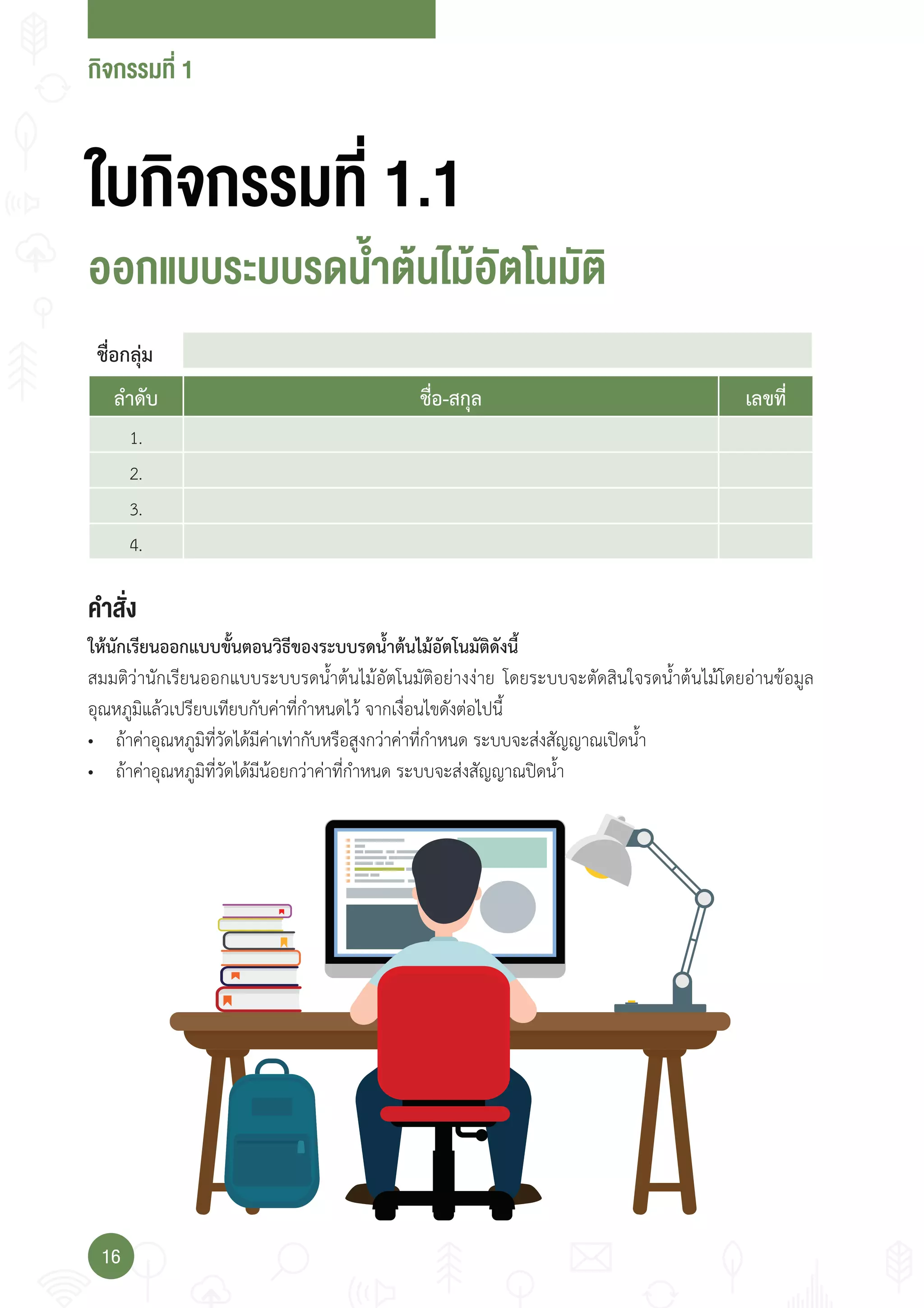 กจกรรมที่
16
กจกรรมที่
กแ ร รดน้า น ม ั นมั
ชื่อกลุ่ม
า ั่ง
ให้นักเรียนออกแบบขั้นตอนวิธีของระบบรดน�้าต้นไม้อัตโนมัติดังนี้
สมมติว่านักเรียนออกแบบระบบรดน�้าต้นไม้อัตโนมัติอย่างง่าย โดยระบบจะตัดสินใจรดน�้าต้นไม้โดยอ่านข้อมูล
อุณหภูมิแล้วเปรียบเทียบกับค่าที่ก�าหนดไว้ จากเงื่อนไขดังต่อไปนี้
• ถ้าค่าอุณหภูมิที่วัดได้มีค่าเท่ากับหรือสูงกว่าค่าที่ก�าหนด ระบบจะส่งสัญญาณเปิดน�้า
• ถ้าค่าอุณหภูมิที่วัดได้มีน้อยกว่าค่าที่ก�าหนด ระบบจะส่งสัญญาณปิดน�้า
ล�าดับ ชื่อ-สกุล เลขที่
1.
2.
3.
4.
1.
2.
3.
4.
 