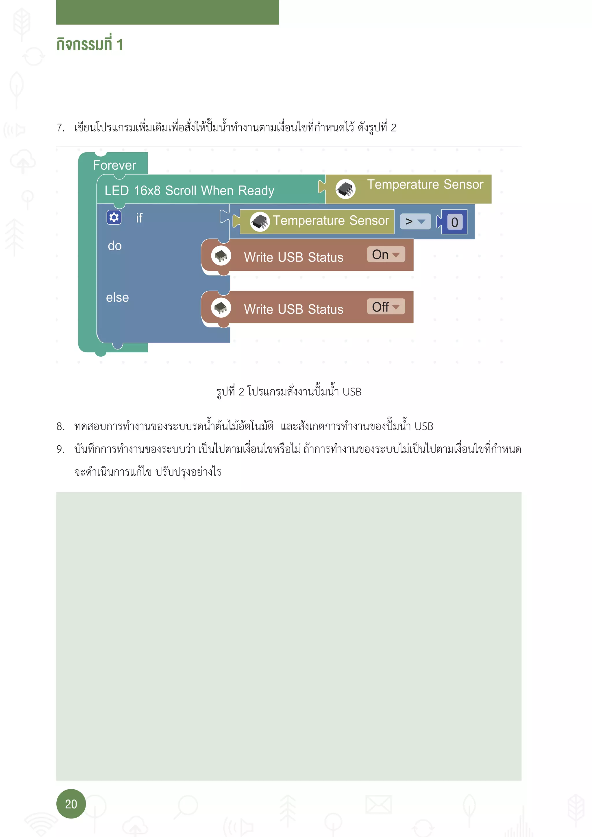 กจกรรมที่
20
On
if
do
else Off
Forever
LED 16x8 Scroll When Ready Temperature Sensor
Temperature Sensor
Write USB Status
Write USB Status
7. เขียนโปรแกรมเพิ่มเติมเพื่อสั่งให้ปั๊มน�้าท�างานตามเงื่อนไขที่ก�าหนดไว้ ดังรูปที่ 2
รูปที่ 2 โปรแกรมสั่งงานปั้มน�้า USB
8. ทดสอบการท�างานของระบบรดน�้าต้นไม้อัตโนมัติ และสังเกตการท�างานของปั๊มน�้า USB
9. บันทึกการท�างานของระบบว่าเป็นไปตามเงื่อนไขหรือไม่ถ้าการท�างานของระบบไม่เป็นไปตามเงื่อนไขที่ก�าหนด
จะด�าเนินการแก้ไข ปรับปรุงอย่างไร
 