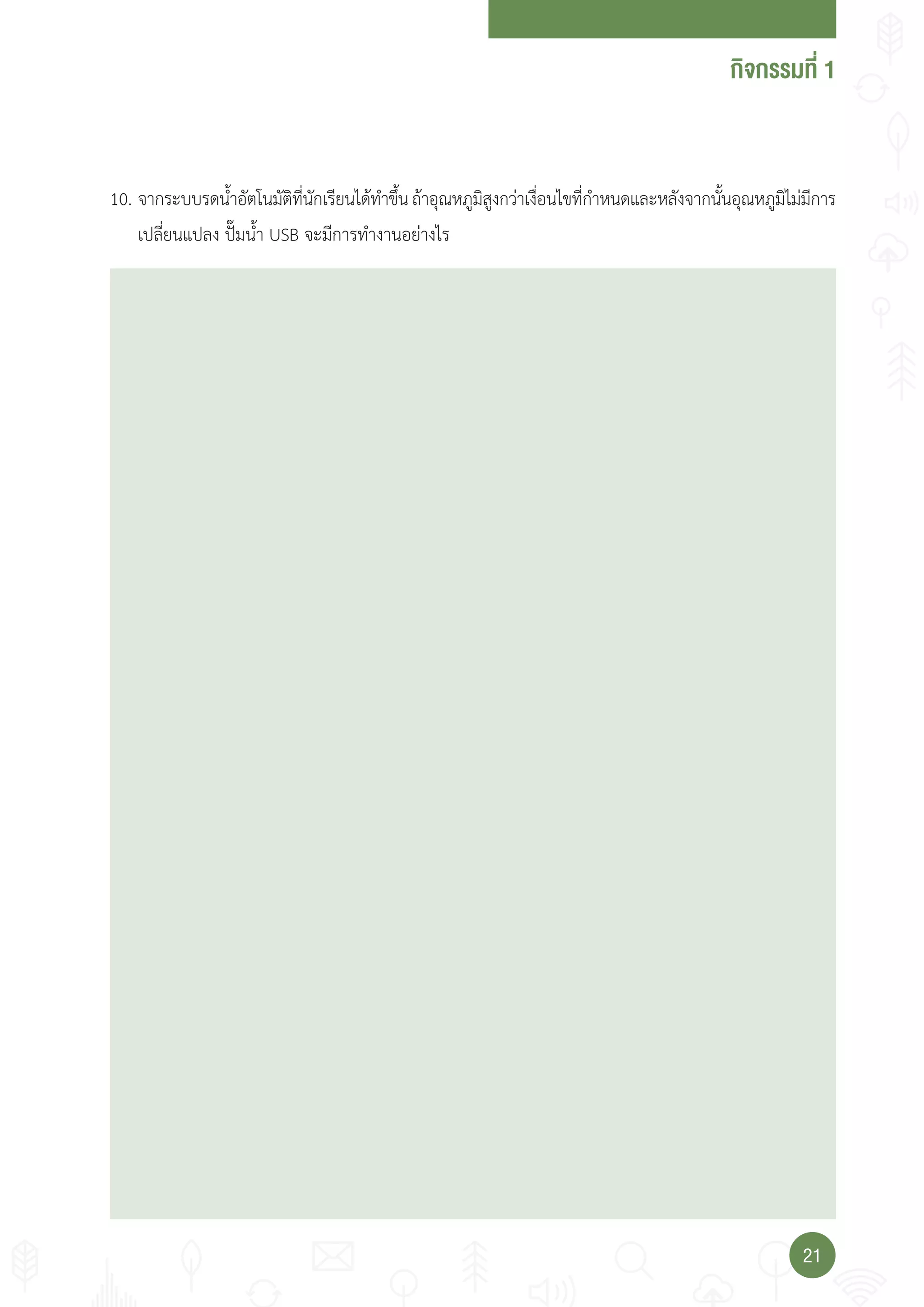 กจกรรมที่
2121
10. จากระบบรดน�้าอัตโนมัติที่นักเรียนได้ท�าขึ้นถ้าอุณหภูมิสูงกว่าเงื่อนไขที่ก�าหนดและหลังจากนั้นอุณหภูมิไม่มีการ
เปลี่ยนแปลง ปั๊มน�้า USB จะมีการท�างานอย่างไร
 