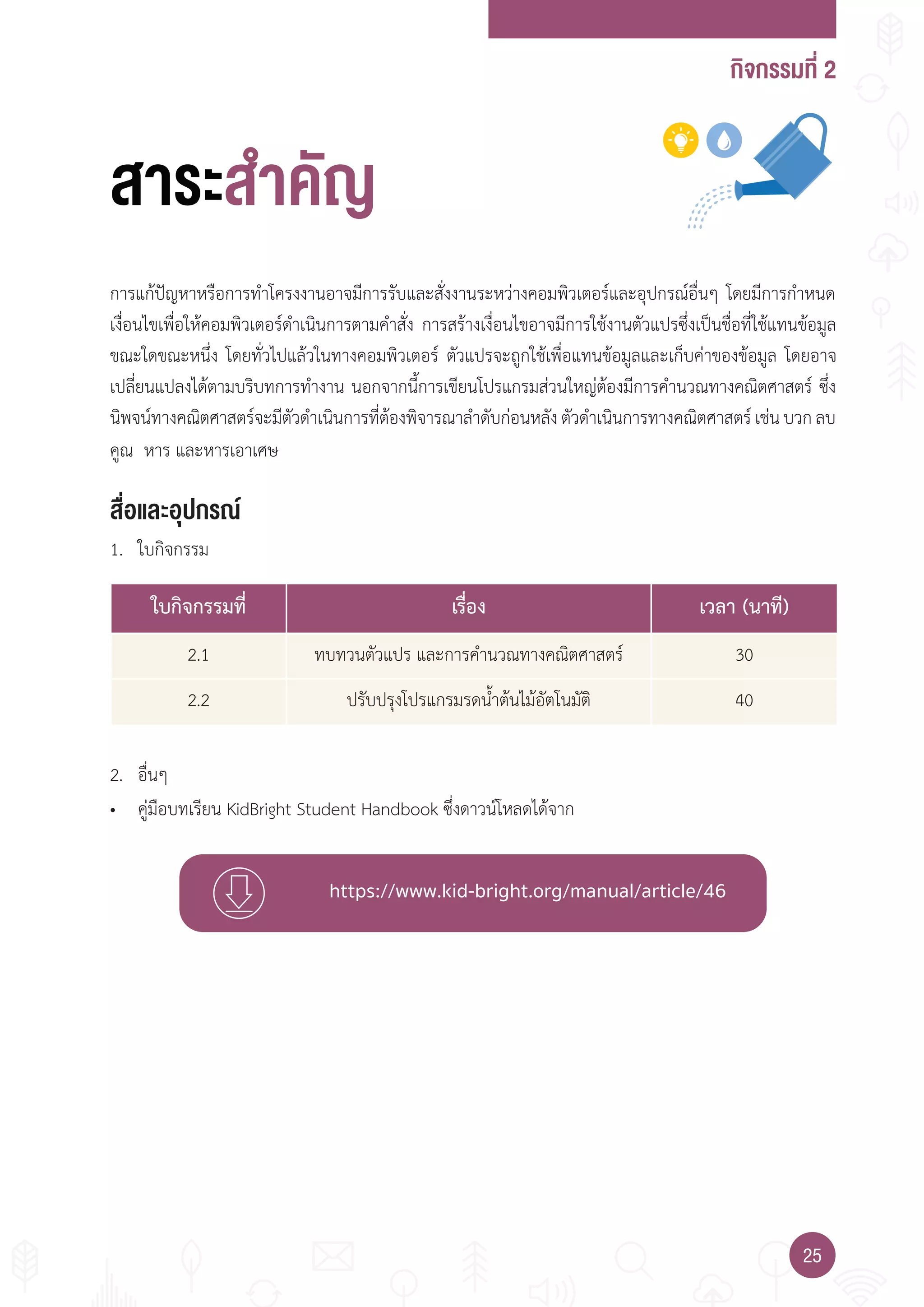 กิจกรรมที่ 2
2525
https://www.kid-bright.org/manual/article/46
สื่อและอุปกรณ์
การแก้ปัญหาหรือการท�าโครงงานอาจมีการรับและสั่งงานระหว่างคอมพิวเตอร์และอุปกรณ์อื่นๆ โดยมีการก�าหนด
เงื่อนไขเพื่อให้คอมพิวเตอร์ด�าเนินการตามค�าสั่ง การสร้างเงื่อนไขอาจมีการใช้งานตัวแปรซึ่งเป็นชื่อที่ใช้แทนข้อมูล
ขณะใดขณะหนึ่ง โดยทั่วไปแล้วในทางคอมพิวเตอร์ ตัวแปรจะถูกใช้เพื่อแทนข้อมูลและเก็บค่าของข้อมูล โดยอาจ
เปลี่ยนแปลงได้ตามบริบทการท�างาน นอกจากนี้การเขียนโปรแกรมส่วนใหญ่ต้องมีการค�านวณทางคณิตศาสตร์ ซึ่ง
นิพจน์ทางคณิตศาสตร์จะมีตัวด�าเนินการที่ต้องพิจารณาล�าดับก่อนหลังตัวด�าเนินการทางคณิตศาสตร์เช่นบวกลบ
คูณ หาร และหารเอาเศษ
1. ใบกิจกรรม
• คู่มือบทเรียน KidBright Student Handbook ซึ่งดาวน์โหลดได้จาก
สาระสำาคัญ
2. อื่นๆ
ใบกิจกรรมที่ เรื่อง เวลา (นาที)
2.1 ทบทวนตัวแปร และการค�านวณทางคณิตศาสตร์ 30
2.2 ปรับปรุงโปรแกรมรดน�้าต้นไม้อัตโนมัติ 40
 