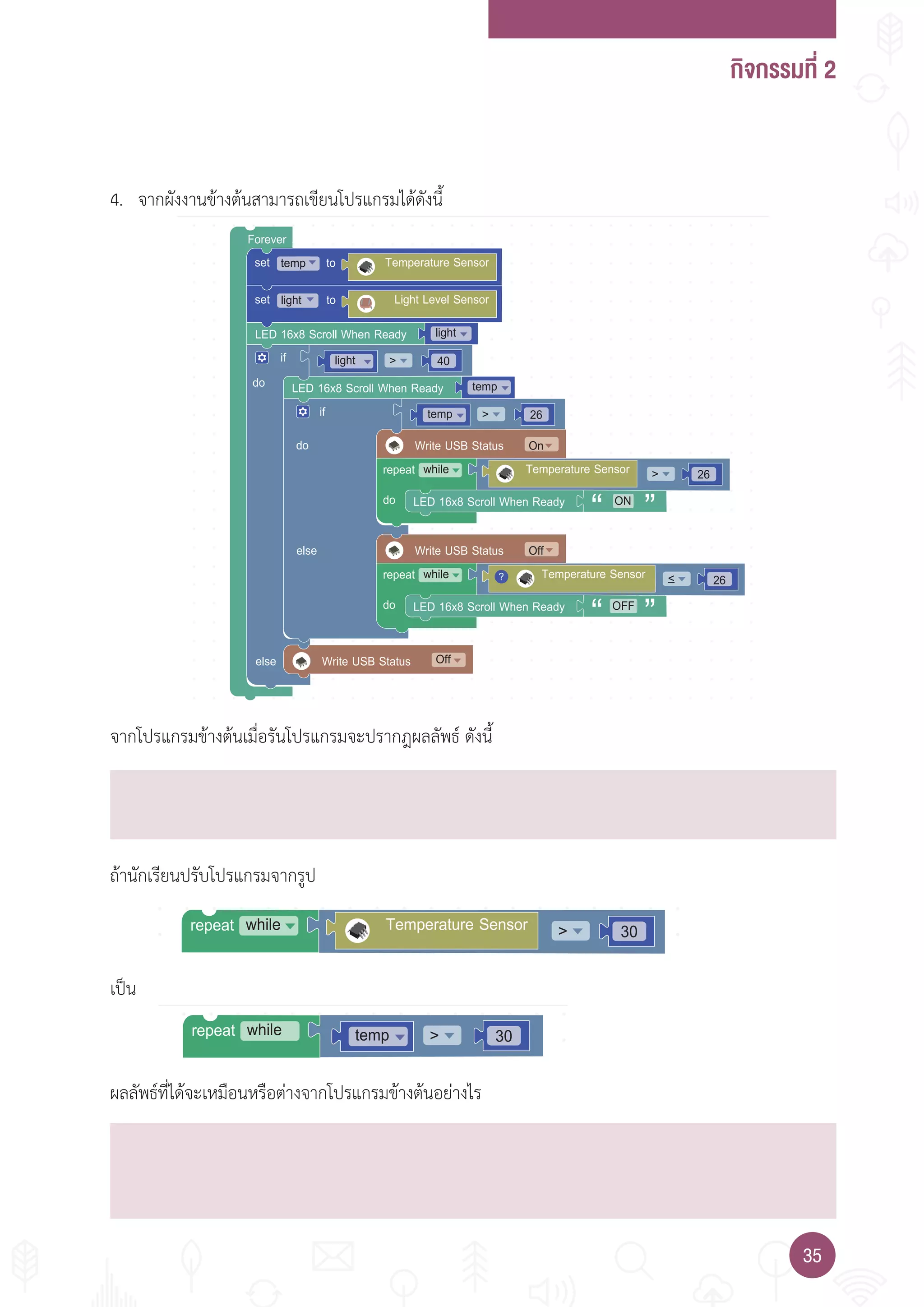 กิจกรรมที่ 2
3535
Forever
set totemp Temperature Sensor
Write USB Status
do
else
if 40
Off
light
Write USB Statusdo
else
if 26
On
temp
LED 16x8 Scroll When Ready temp
26Temperature Sensorrepeat
do
while
LED 16x8 Scroll When Ready ON
Write USB Status Off
_Temperature Sensorrepeat
do
while
LED 16x8 Scroll When Ready OFF
< 26?
LED 16x8 Scroll When Ready light
set tolight Light Level Sensor
30Temperature Sensorrepeat while
repeat while 30temp
4. จากผังงานข้างต้นสามารถเขียนโปรแกรมได้ดังนี้
จากโปรแกรมข้างต้นเมื่อรันโปรแกรมจะปรากฎผลลัพธ์ ดังนี้
ถ้านักเรียนปรับโปรแกรมจากรูป
เป็น
ผลลัพธ์ที่ได้จะเหมือนหรือต่างจากโปรแกรมข้างต้นอย่างไร
 