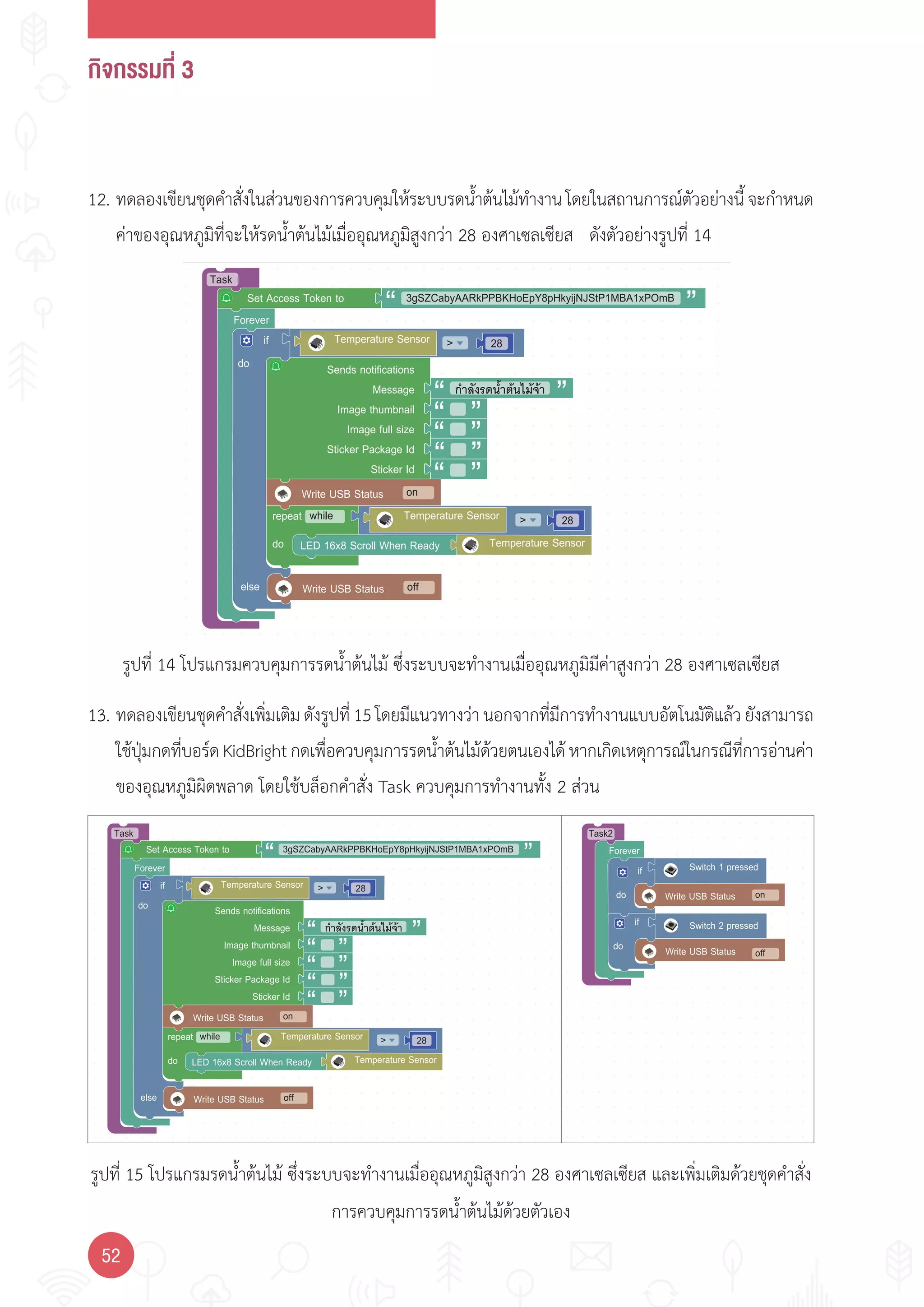 กิจกรรมที่ 3
52
Forever
3gSZCabyAARkPPBKHoEpY8pHkyijNJStP1MBA1xPOmBSet Access Token to
Task
Temperature Sensor
do
else
if 28
Sends notifications
Message
Image thumbnail
Image full size
Sticker Package Id
Sticker Id
กําลังรดนํ้าตนไมจา
28Temperature Sensorrepeat
do
while
LED 16x8 Scroll When Ready Temperature Sensor
Write USB Status on
Write USB Status off
Forever
3gSZCabyAARkPPBKHoEpY8pHkyijNJStP1MBA1xPOmBSet Access Token to
Task
Temperature Sensor
do
else
if 28
Sends notifications
Message
Image thumbnail
Image full size
Sticker Package Id
Sticker Id
กําลังรดนํ้าตนไมจา
28Temperature Sensorrepeat
do
while
LED 16x8 Scroll When Ready Temperature Sensor
Write USB Status on
Write USB Status off
Forever
Task2
if
do Write USB Status off
Switch 2 pressed
if
do
Switch 1 pressed
Write USB Status on
รูปที่ 14 โปรแกรมควบคุมการรดน�้าต้นไม้ ซึ่งระบบจะท�างานเมื่ออุณหภูมิมีค่าสูงกว่า 28 องศาเซลเซียส
รูปที่ 15 โปรแกรมรดน�้าต้นไม้ ซึ่งระบบจะท�างานเมื่ออุณหภูมิสูงกว่า 28 องศาเซลเซียส และเพิ่มเติมด้วยชุดค�าสั่ง
การควบคุมการรดน�้าต้นไม้ด้วยตัวเอง
12. ทดลองเขียนชุดค�าสั่งในส่วนของการควบคุมให้ระบบรดน�้าต้นไม้ท�างานโดยในสถานการณ์ตัวอย่างนี้จะก�าหนด
ค่าของอุณหภูมิที่จะให้รดน�้าต้นไม้เมื่ออุณหภูมิสูงกว่า 28 องศาเซลเซียส ดังตัวอย่างรูปที่ 14
13. ทดลองเขียนชุดค�าสั่งเพิ่มเติมดังรูปที่15โดยมีแนวทางว่านอกจากที่มีการท�างานแบบอัตโนมัติแล้วยังสามารถ
ใช้ปุ่มกดที่บอร์ดKidBrightกดเพื่อควบคุมการรดน�้าต้นไม้ด้วยตนเองได้หากเกิดเหตุการณ์ในกรณีที่การอ่านค่า
ของอุณหภูมิผิดพลาด โดยใช้บล็อกค�าสั่ง Task ควบคุมการท�างานทั้ง 2 ส่วน
 