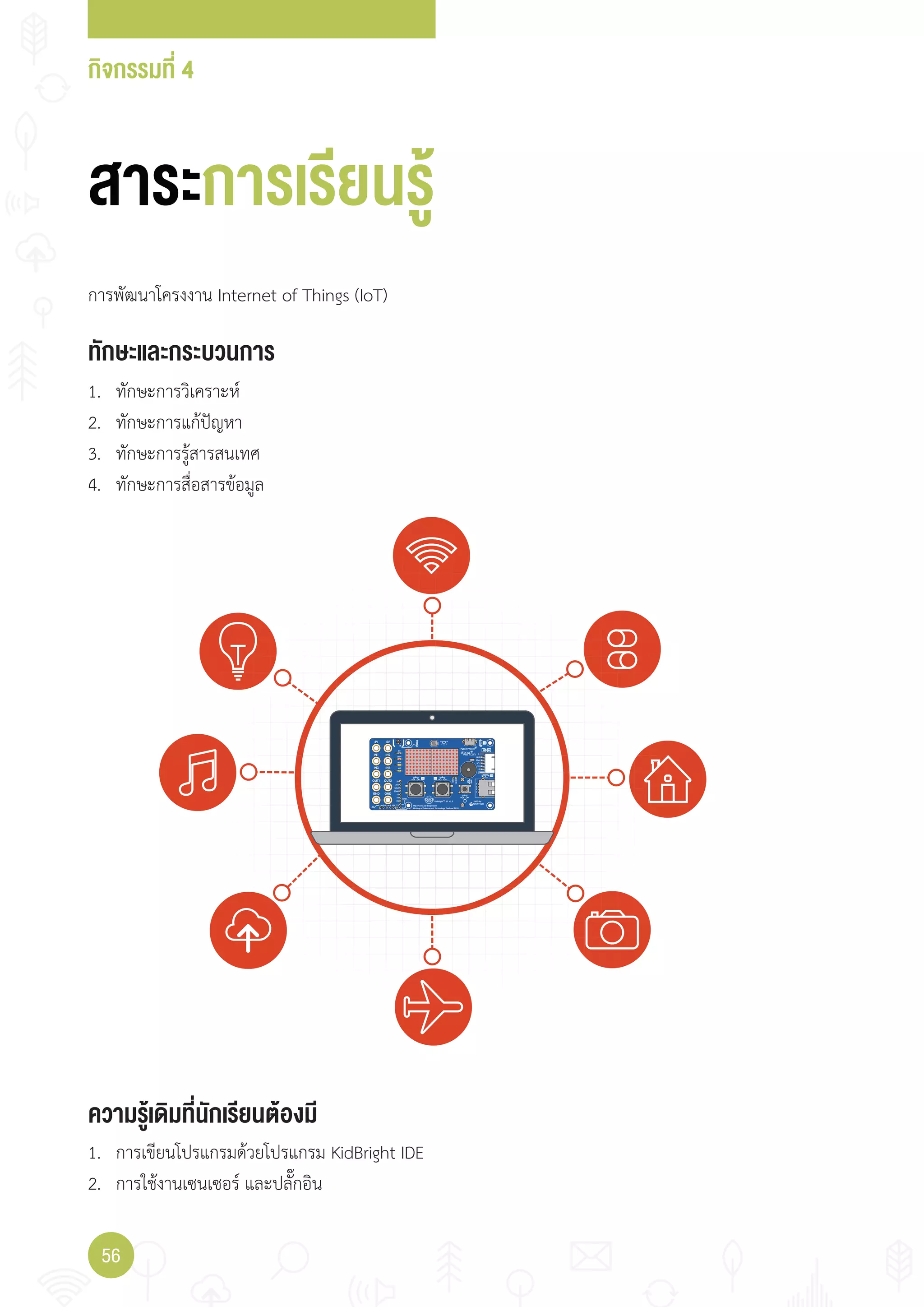 กิจกรรมที่ 4
56
ทักษะและกระบวนการ
ความรู้เดิมที่นักเรียนต้องมี
1. ทักษะการวิเคราะห์
2. ทักษะการแก้ปัญหา
3. ทักษะการรู้สารสนเทศ
4. ทักษะการสื่อสารข้อมูล
การพัฒนาโครงงาน Internet of Things (IoT)
1. การเขียนโปรแกรมด้วยโปรแกรม KidBright IDE
2. การใช้งานเซนเซอร์ และปลั๊กอิน
สาระการเรียนรู้
 