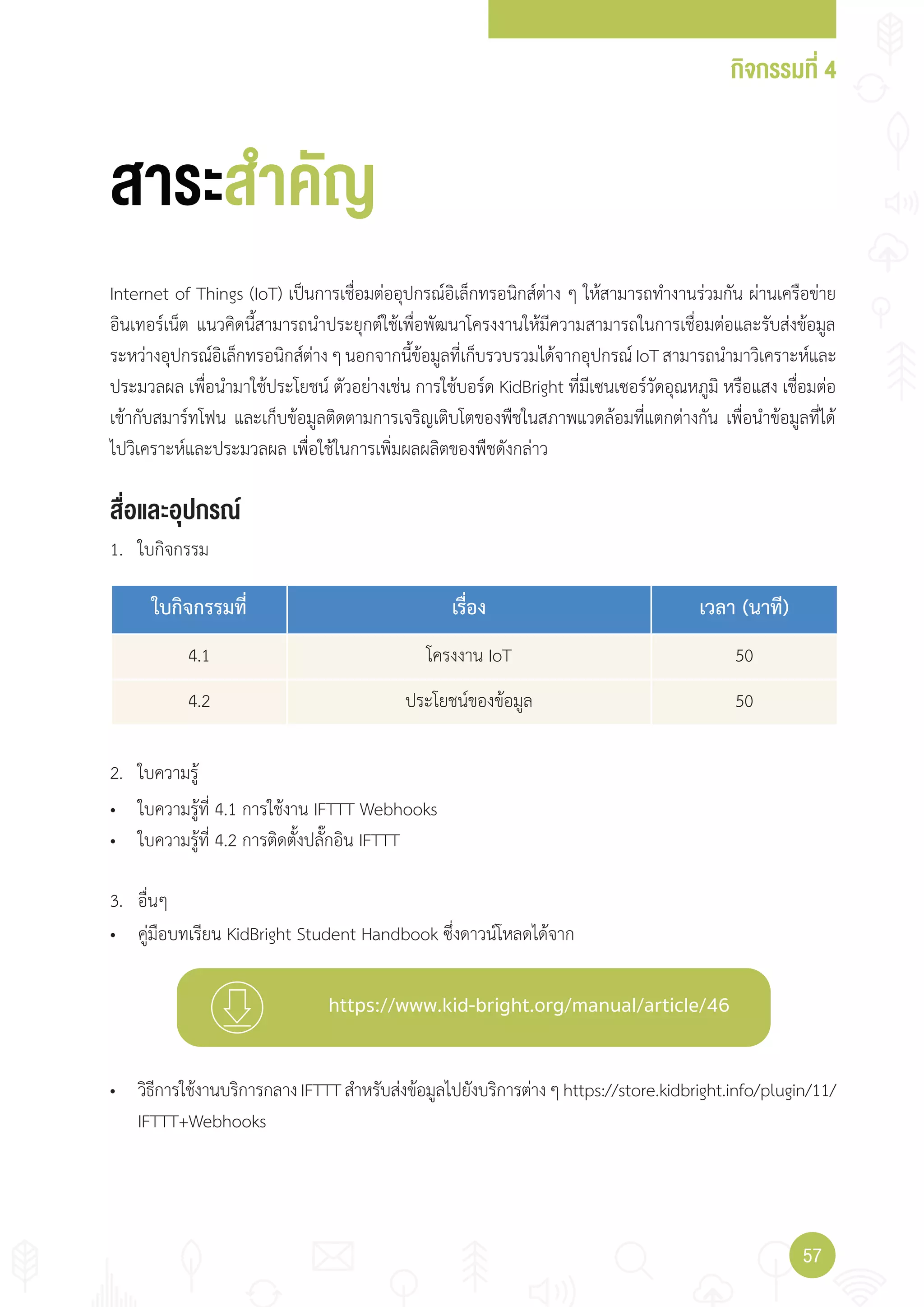 กิจกรรมที่ 4
5757
https://www.kid-bright.org/manual/article/46
สื่อและอุปกรณ์
Internet of Things (IoT) เป็นการเชื่อมต่ออุปกรณ์อิเล็กทรอนิกส์ต่าง ๆ ให้สามารถท�างานร่วมกัน ผ่านเครือข่าย
อินเทอร์เน็ต แนวคิดนี้สามารถน�าประยุกต์ใช้เพื่อพัฒนาโครงงานให้มีความสามารถในการเชื่อมต่อและรับส่งข้อมูล
ระหว่างอุปกรณ์อิเล็กทรอนิกส์ต่างๆนอกจากนี้ข้อมูลที่เก็บรวบรวมได้จากอุปกรณ์IoTสามารถน�ามาวิเคราะห์และ
ประมวลผล เพื่อน�ามาใช้ประโยชน์ ตัวอย่างเช่น การใช้บอร์ด KidBright ที่มีเซนเซอร์วัดอุณหภูมิ หรือแสง เชื่อมต่อ
เข้ากับสมาร์ทโฟน และเก็บข้อมูลติดตามการเจริญเติบโตของพืชในสภาพแวดล้อมที่แตกต่างกัน เพื่อน�าข้อมูลที่ได้
ไปวิเคราะห์และประมวลผล เพื่อใช้ในการเพิ่มผลผลิตของพืชดังกล่าว
1. ใบกิจกรรม
• คู่มือบทเรียน KidBright Student Handbook ซึ่งดาวน์โหลดได้จาก
• ใบความรู้ที่ 4.1 การใช้งาน IFTTT Webhooks
• ใบความรู้ที่ 4.2 การติดตั้งปลั๊กอิน IFTTT
สาระสำาคัญ
2. ใบความรู้
3. อื่นๆ
• วิธีการใช้งานบริการกลางIFTTTส�าหรับส่งข้อมูลไปยังบริการต่างๆhttps://store.kidbright.info/plugin/11/
IFTTT+Webhooks
ใบกิจกรรมที่ เรื่อง เวลา (นาที)
4.1 โครงงาน IoT 50
4.2 ประโยชน์ของข้อมูล 50
 