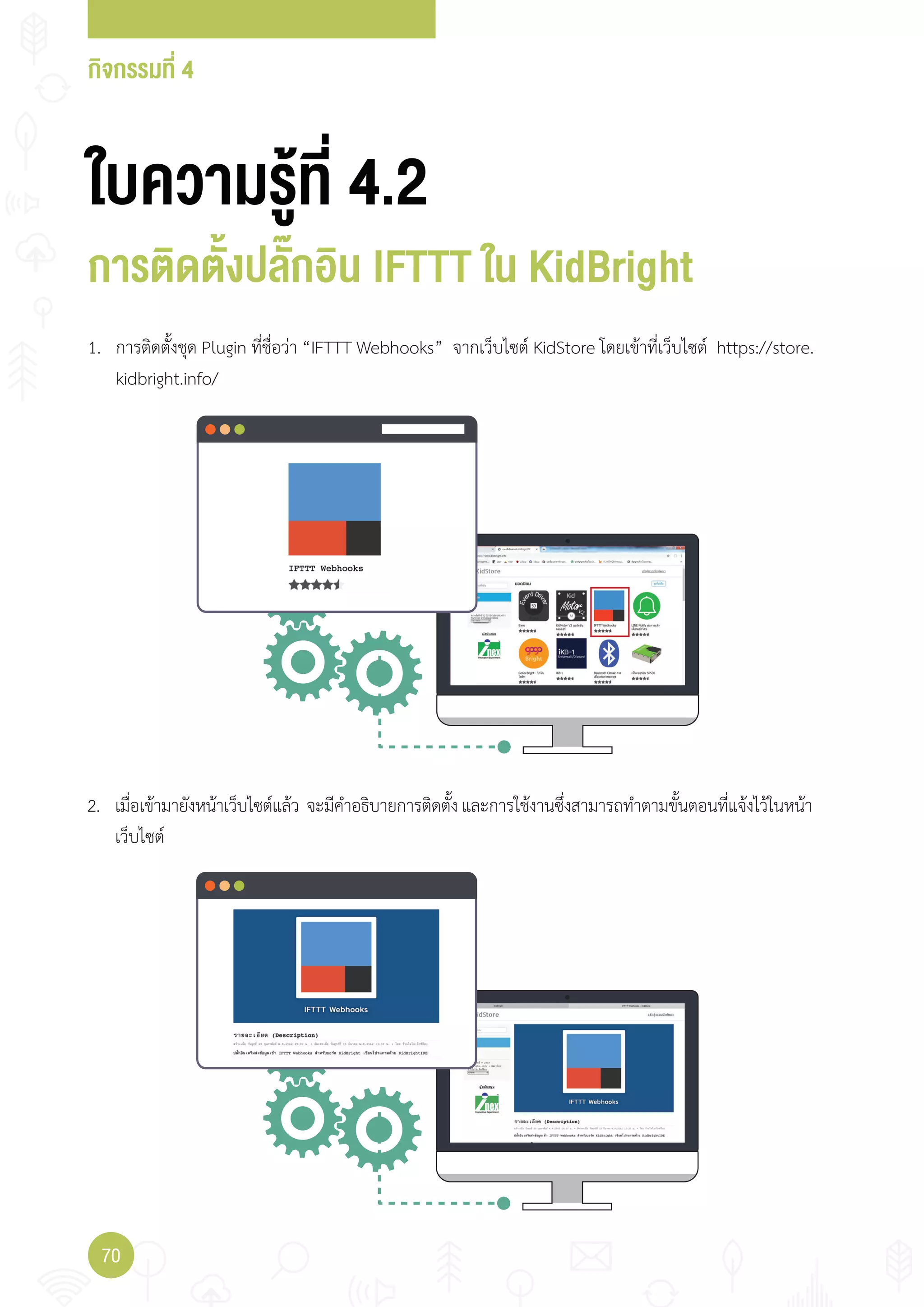 กิจกรรมที่ 4
70
ใบความรู้ที่ 4.2
การติดตั้งปลั๊กอิน IFTTT ใน KidBright
1. การติดตั้งชุด Plugin ที่ชื่อว่า “IFTTT Webhooks” จากเว็บไซต์ KidStore โดยเข้าที่เว็บไซต์ https://store.
kidbright.info/
2. เมื่อเข้ามายังหน้าเว็บไซต์แล้ว จะมีค�าอธิบายการติดตั้งและการใช้งานซึ่งสามารถท�าตามขั้นตอนที่แจ้งไว้ในหน้า
เว็บไซต์
 