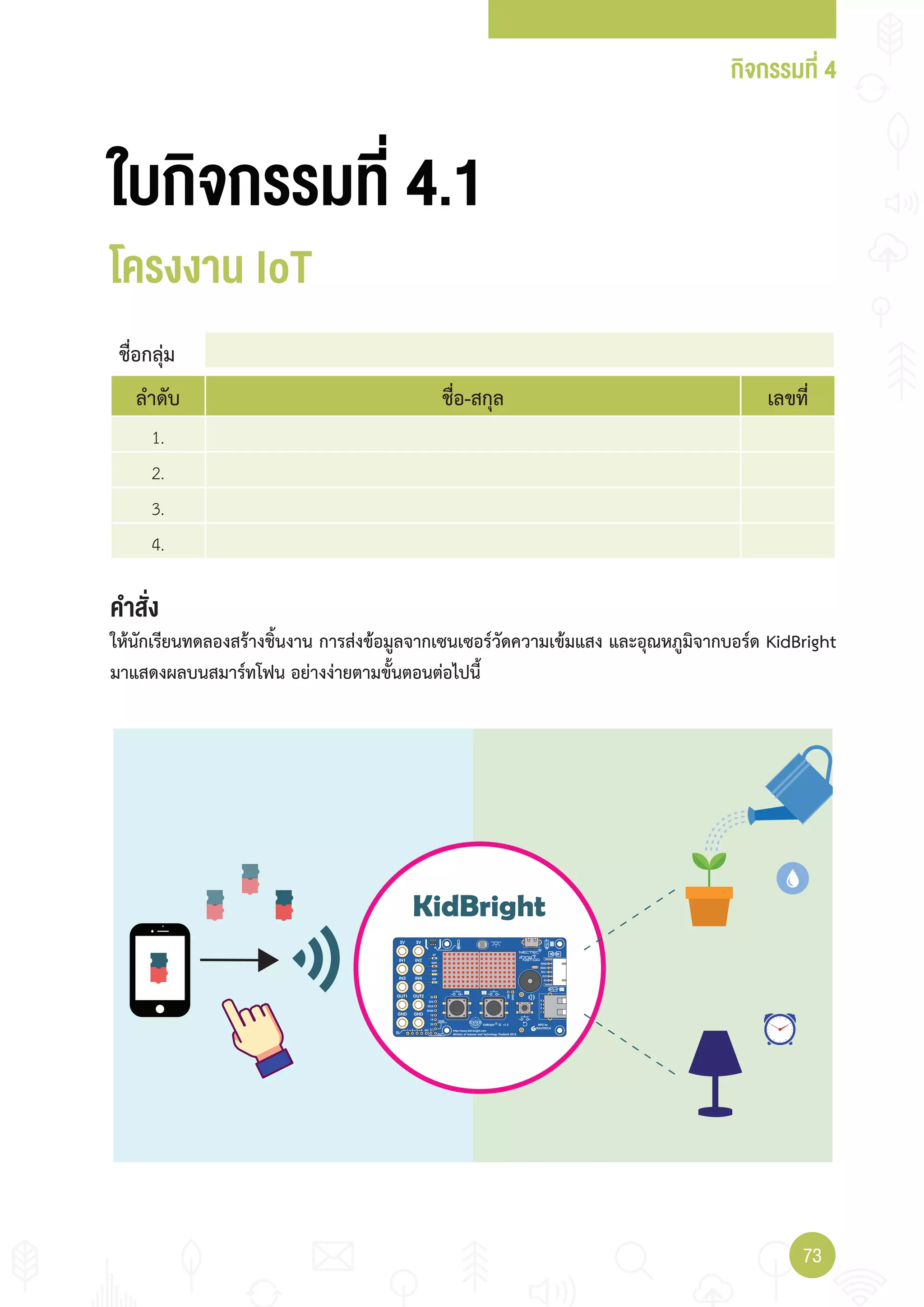 กิจกรรมที่ 4
7373
คำาสั่ง
ให้นักเรียนทดลองสร้างชิ้นงาน การส่งข้อมูลจากเซนเซอร์วัดความเข้มแสง และอุณหภูมิจากบอร์ด KidBright
มาแสดงผลบนสมาร์ทโฟน อย่างง่ายตามขั้นตอนต่อไปนี้
ใบกิจกรรมที่ 4.1
โครงงาน IoT
ชื่อกลุ่ม
ลำาดับ ชื่อ-สกุล เลขที่
1.
2.
3.
4.
1.
2.
3.
4.
 