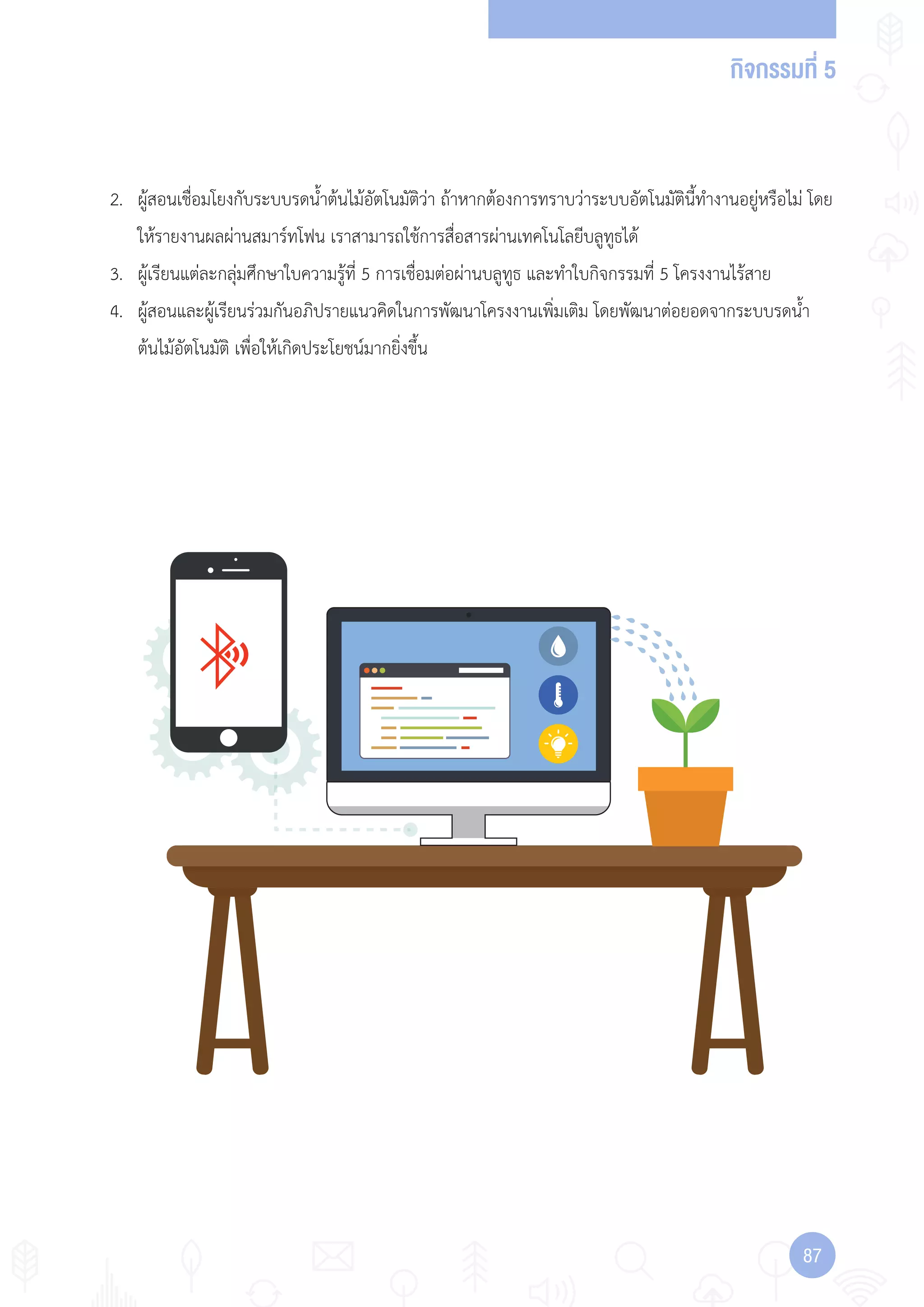กิจกรรมที่ 5
8787
2. ผู้สอนเชื่อมโยงกับระบบรดน�้าต้นไม้อัตโนมัติว่า ถ้าหากต้องการทราบว่าระบบอัตโนมัตินี้ท�างานอยู่หรือไม่ โดย
ให้รายงานผลผ่านสมาร์ทโฟน เราสามารถใช้การสื่อสารผ่านเทคโนโลยีบลูทูธได้
3. ผู้เรียนแต่ละกลุ่มศึกษาใบความรู้ที่ 5 การเชื่อมต่อผ่านบลูทูธ และท�าใบกิจกรรมที่ 5 โครงงานไร้สาย
4. ผู้สอนและผู้เรียนร่วมกันอภิปรายแนวคิดในการพัฒนาโครงงานเพิ่มเติม โดยพัฒนาต่อยอดจากระบบรดน�้า
ต้นไม้อัตโนมัติ เพื่อให้เกิดประโยชน์มากยิ่งขึ้น
 