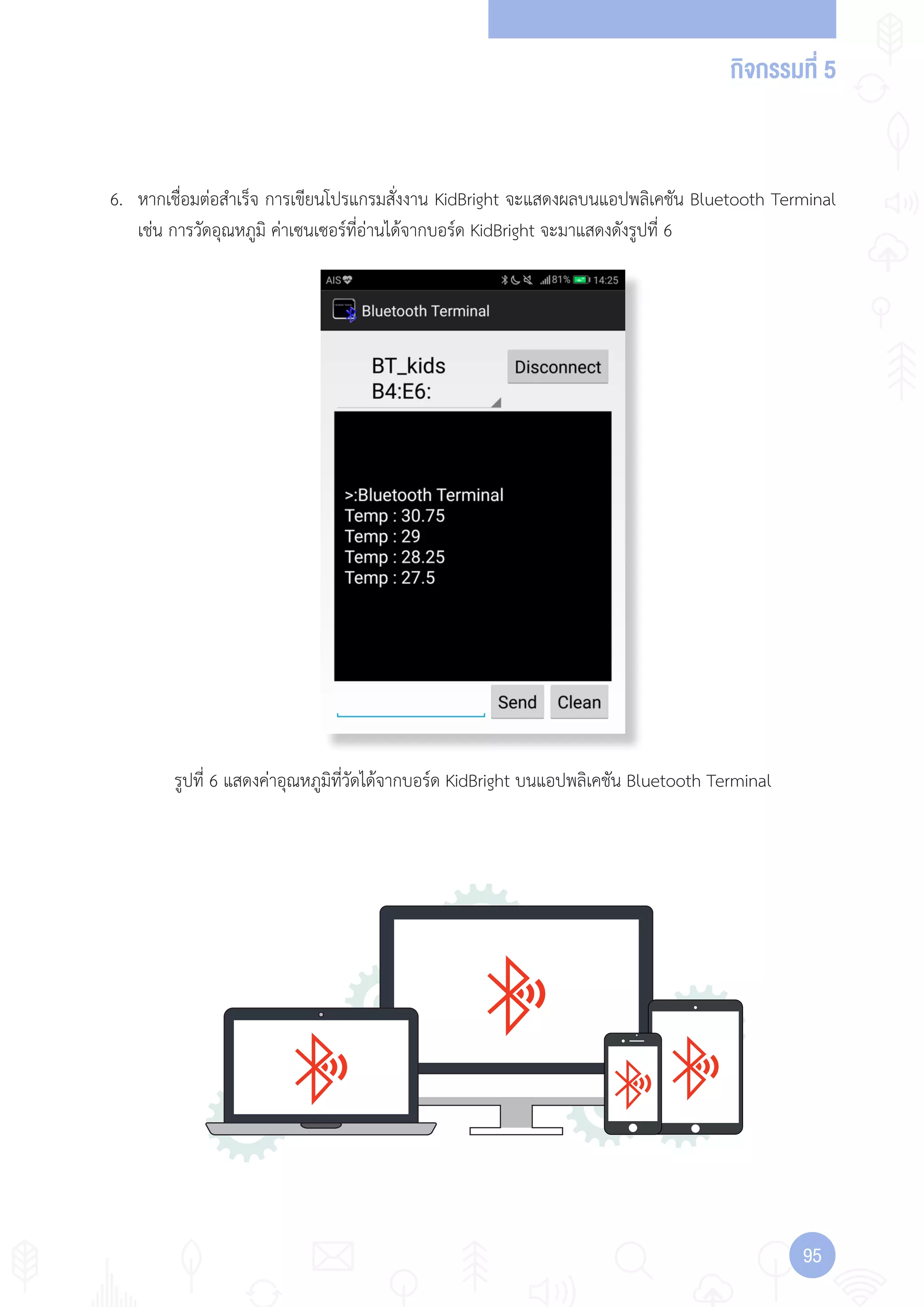 กิจกรรมที่ 5
9595
รูปที่ 6 แสดงค่าอุณหภูมิที่วัดได้จากบอร์ด KidBright บนแอปพลิเคชัน Bluetooth Terminal
6. หากเชื่อมต่อส�าเร็จ การเขียนโปรแกรมสั่งงาน KidBright จะแสดงผลบนแอปพลิเคชัน Bluetooth Terminal
เช่น การวัดอุณหภูมิ ค่าเซนเซอร์ที่อ่านได้จากบอร์ด KidBright จะมาแสดงดังรูปที่ 6
 