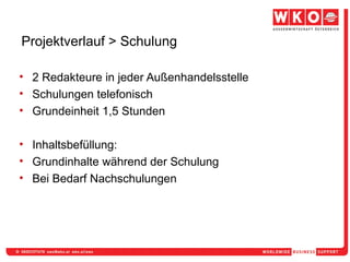 Projektverlauf > Schulung 2 Redakteure in jeder Außenhandelsstelle Schulungen telefonisch Grundeinheit 1,5 Stunden Inhaltsbefüllung: Grundinhalte während der Schulung Bei Bedarf Nachschulungen 