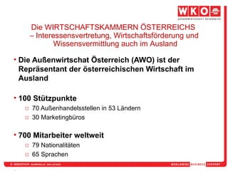 Die Außenwirtschat Österreich (AWO) ist der Repräsentant der österreichischen Wirtschaft im Ausland 100 Stützpunkte 70 Außenhandelsstellen in 53 Ländern 30 Marketingbüros 700 Mitarbeiter weltweit 79 Nationalitäten 65 Sprachen Die WIRTSCHAFTSKAMMERN ÖSTERREICHS  –  Interessensvertretung, Wirtschaftsförderung und Wissensvermittlung auch im Ausland 