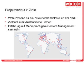 Projektverlauf > Ziele Web-Präsenz für die 70 Außenhandelsstellen der AWO Zielpublikum: Ausländische Firmen Erfahrung mit Mehrsprachigem Content Management sammeln 