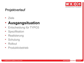Projektverlauf Ziele Ausgangsituation Entscheidung für TYPO3  Spezifikation  Realisierung Schulung Rollout Produktivbetrieb 