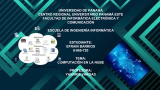 UNIVERSIDAD DE PANAMÁ
CENTRO REGIONAL UNIVERSITARIO PANAMÁ ESTE
FACULTAD DE INFORMÁTICA ELECTRÓNICA Y
COMUNICACIÓN
ESCUELA DE INGENIERÍA INFORMÁTICA
ESTUDIANTE:
EFRAIN BARRIOS
8-866-720
TEMA:
COMPUTACIÓN EN LA NUBE
PROFESORA:
YANARIS VARGAS
 