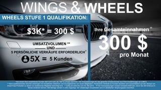 WINGS & WHEELSWHEELS STUFE 1 QUALIFIKATION:
$3K* = 300 $
UMSATZVOLUMEN **
UND_____
5 PERSÖNLICHE VERKÄUFE ERFORDERLICH
5X =
Ihre Gesamteinnahmen
††
pro Monat
_____
*Von einem Ihrer empfohlenen Kunden darf nicht mehr als 1667 $ Umsatz stammen. Die Voraussetzungen für das gesamte Umsatzvolumen aus Ihren Empfehlungen ist 2.999 $.
** Kann qualifizierendes Volumen einbringen mit monatlichen Gebühren und Grundgebühren von neuen Mitgliedern. Persönliche Verkäufe an Kunden beziehen sich ausschließlich auf den Verkauf von
DreamTrips Produkten zu denen nur existierende Mitglieder berechtigt sind . Gültig ab sofort bis zum 02. Mai 2015. Die Voraussetzungen müssen komplett erfüllt sein, bevor Sie 300 $ Bonus im
Monat verdienen können. Alle Beträge werden in USD angezeigt. Die vollständigen Einzelheiten sind im detaillierten Vergütungsplan ersichtlich.
†
† ††
5 Kunden
 