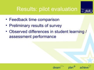 Results: pilot evaluation <ul><li>Feedback time comparison </li></ul><ul><li>Preliminary results of survey </li></ul><ul><...