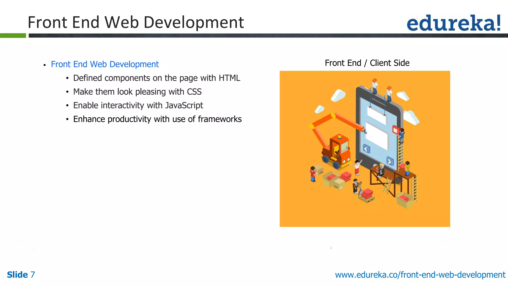 Slide 7 www.edureka.co/front-end-web-development
Front End Web Development
▪ Front End Web Development
• Defined components on the page with HTML
• Make them look pleasing with CSS
• Enable interactivity with JavaScript
• Enhance productivity with use of frameworks
Front End / Client Side
 