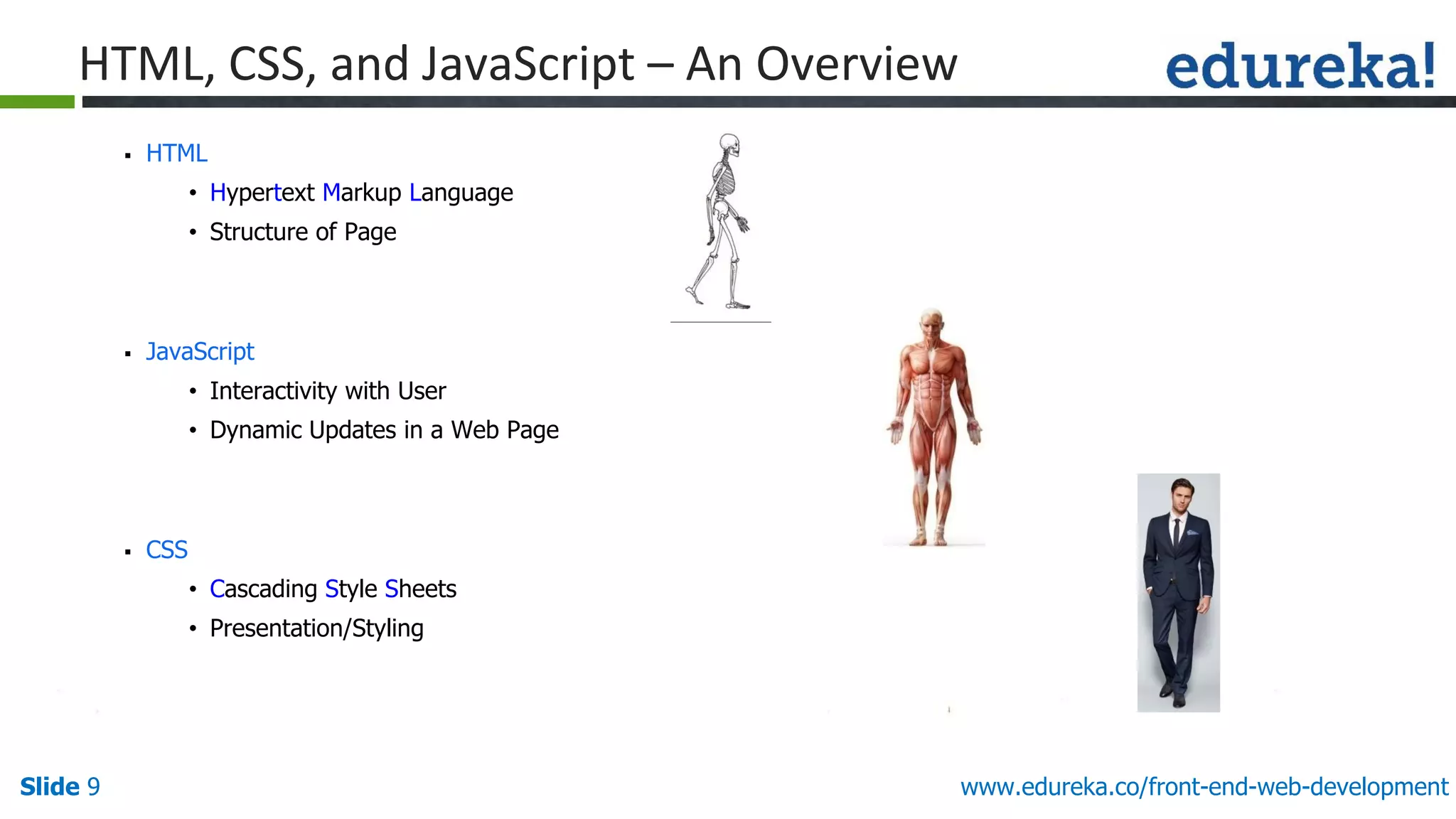 Slide 9 www.edureka.co/front-end-web-development
HTML, CSS, and JavaScript – An Overview
▪ HTML
• Hypertext Markup Language
• Structure of Page
▪ JavaScript
• Interactivity with User
• Dynamic Updates in a Web Page
▪ CSS
• Cascading Style Sheets
• Presentation/Styling
 