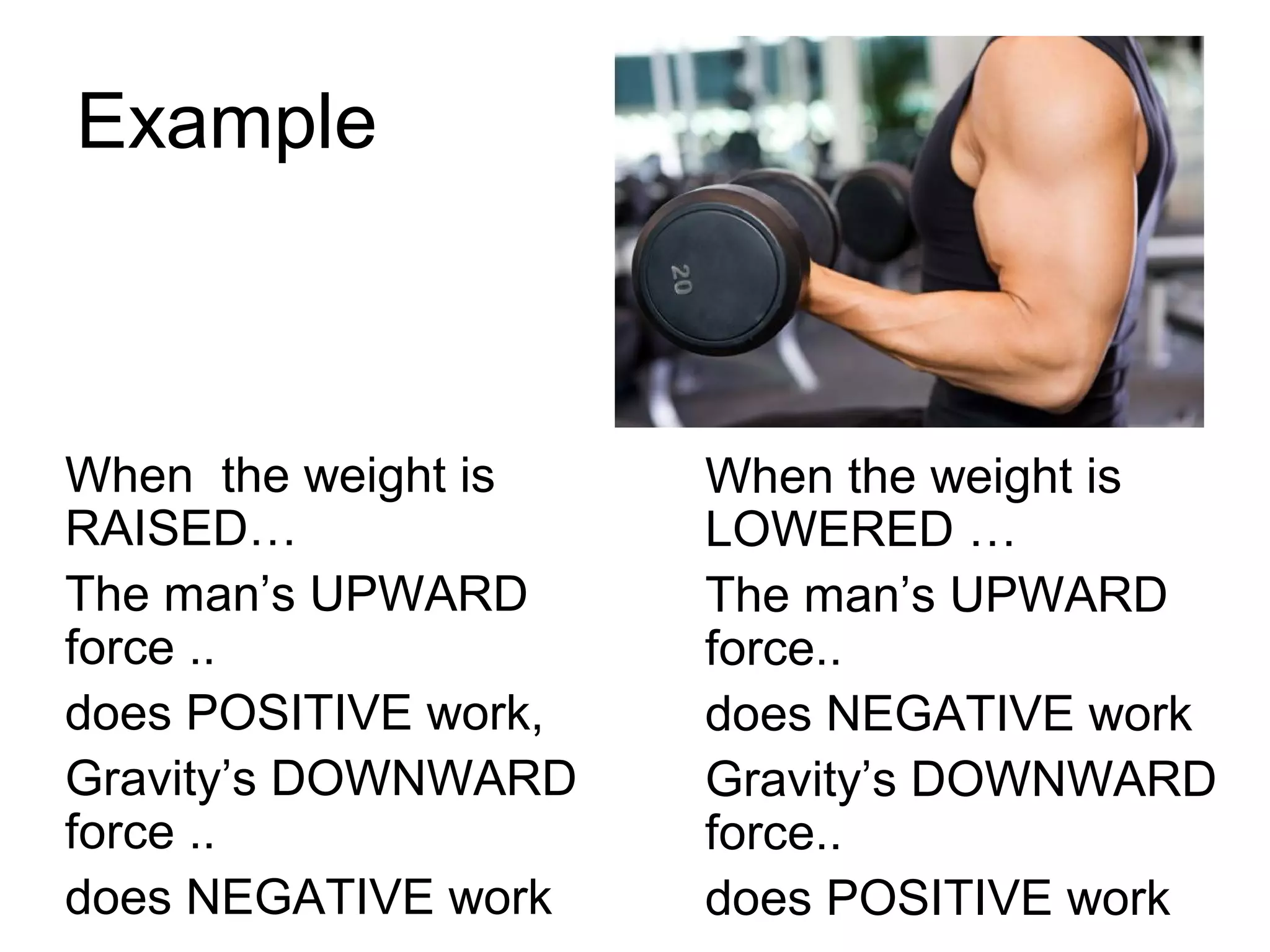 Example
When the weight is
RAISED…
The man’s UPWARD
force ..
does POSITIVE work,
Gravity’s DOWNWARD
force ..
does NEGATIVE work
When the weight is
LOWERED …
The man’s UPWARD
force..
does NEGATIVE work
Gravity’s DOWNWARD
force..
does POSITIVE work
 