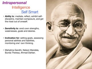 Intrapersonal
Intelligence
Self Smart
• Ability to: mediate, reﬂect, exhibit self-
discipline, maintain composure, and get
the most out of oneself.

• Sensitivity to: one’s own strengths,
weaknesses, goals and desires.

• Inclination for: setting goals, assessing
personal abilities and liabilities,
monitoring one’ own thinking.

• Mahatma Gandhi, Nelson Mandela,
Bunda Theresa, Ahmad Dahlan.
 