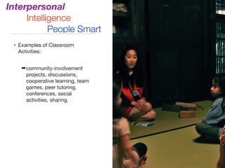 • Examples of Classroom
Activities: 

➡community-involvement
projects, discussions,
cooperative learning, team
games, peer tutoring,
conferences, social
activities, sharing.
Interpersonal
Intelligence
People Smart
 