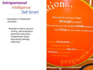 • Examples of Classroom
Activities:

➡student choice, journal
writing, self-evaluation,
personal instruction,
independent study,
discussing feelings,
reﬂecting.
Intrapersonal
Intelligence
Self Smart
 