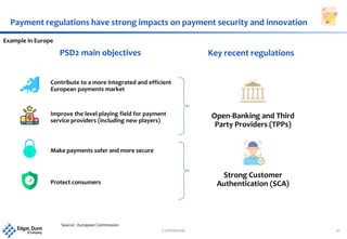 Confidential 10
Payment regulations have strong impacts on payment security and innovation
PSD2 main objectives
Contribute to a more integrated and efficient
European payments market
Improve the level playing field for payment
service providers (including new players)
Make payments safer and more secure
Protect consumers
Open-Banking and Third
Party Providers (TPPs)
Strong Customer
Authentication (SCA)
Key recent regulations
Source : European Commission
Example in Europe
 