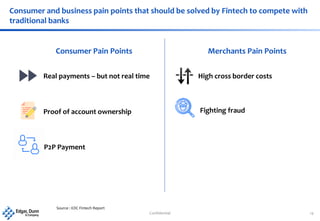 Confidential 14
Consumer and business pain points that should be solved by Fintech to compete with
traditional banks
Source : EDC Fintech Report
Consumer Pain Points Merchants Pain Points
Real payments – but not real time
Proof of account ownership
P2P Payment
High cross border costs
Fighting fraud
 