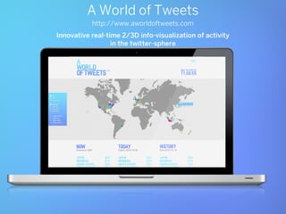 A World of Tweets
           http://www.aworldoftweets.com
Innovative real-time 2/3D info-visualization of activity
                  in the twitter-sphere
 