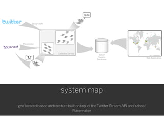 system map
geo-located based architecture built on top of the Twitter Stream API and Yahoo!
                                 Placemaker
 
