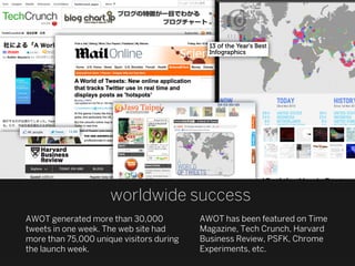 worldwide success
AWOT generated more than 30,000           AWOT has been featured on Time
tweets in one week. The web site had      Magazine, Tech Crunch, Harvard
more than 75,000 unique visitors during   Business Review, PSFK, Chrome
the launch week.                          Experiments, etc.
 